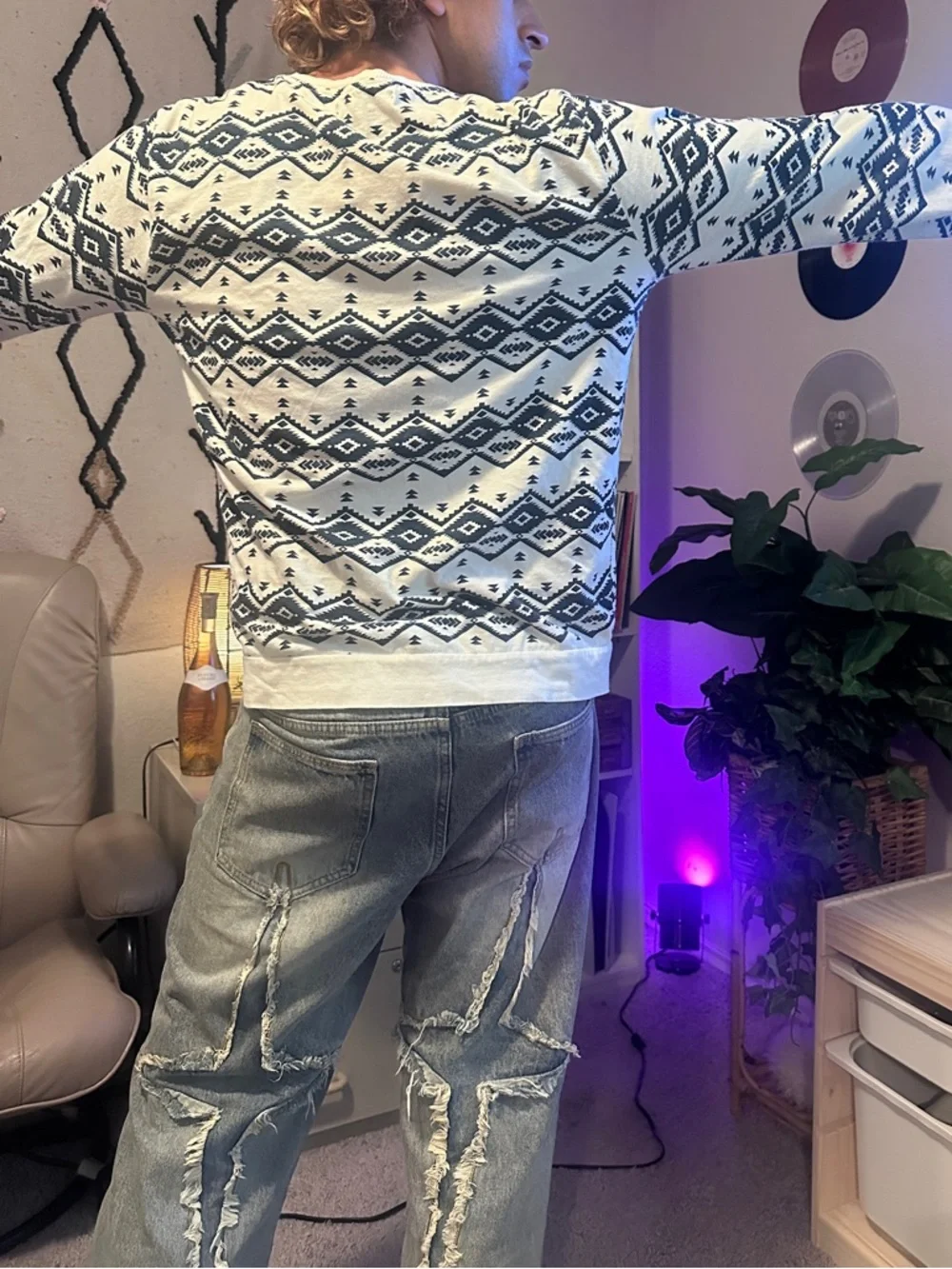 21men Cream and Dark Blue Aztec Crewneck Sweater - Picture 12 of 13